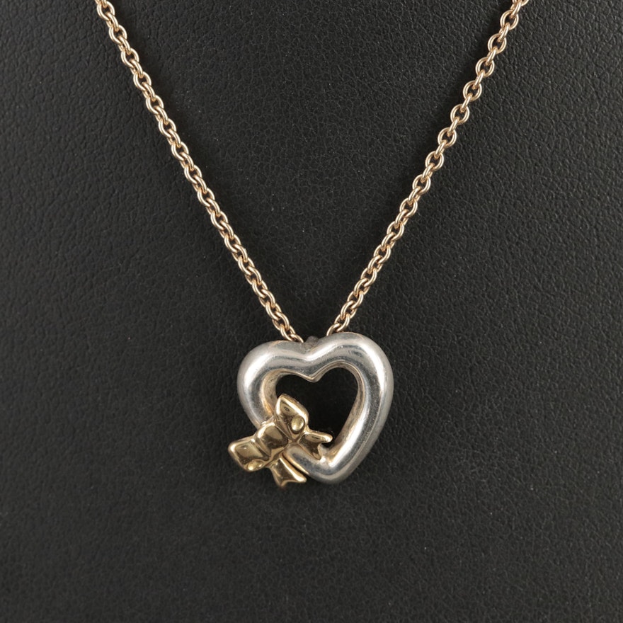 Tiffany & Co. Sterling Heart with 18K Ribbon Pendant on 14K Chain