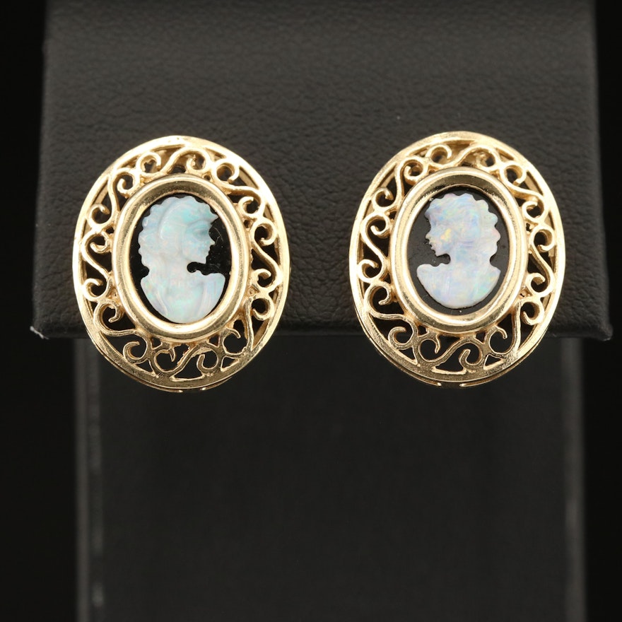 14K Opal and Onyx Doublet Cameo Earrings