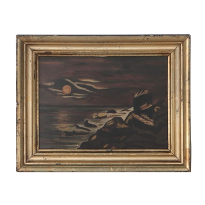 Naïve Oil Painting of Nocturne Coastal Landscape, Circa 1900