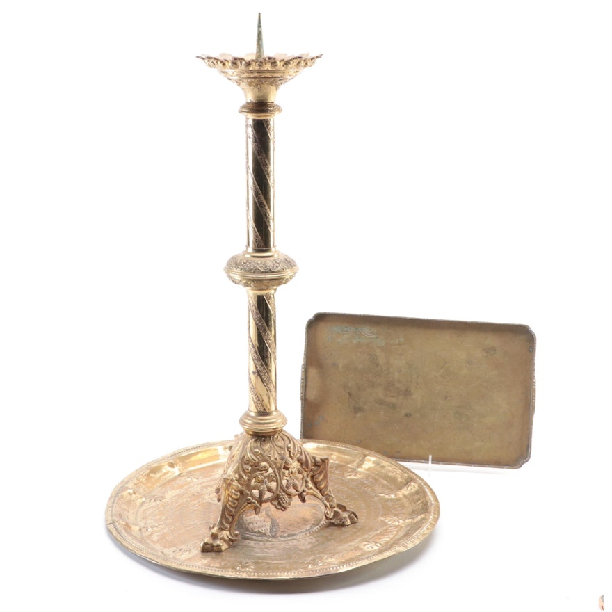 Engraved Brass Tray, Repoussé Brass Tray and Baroque Style Candle Pricket