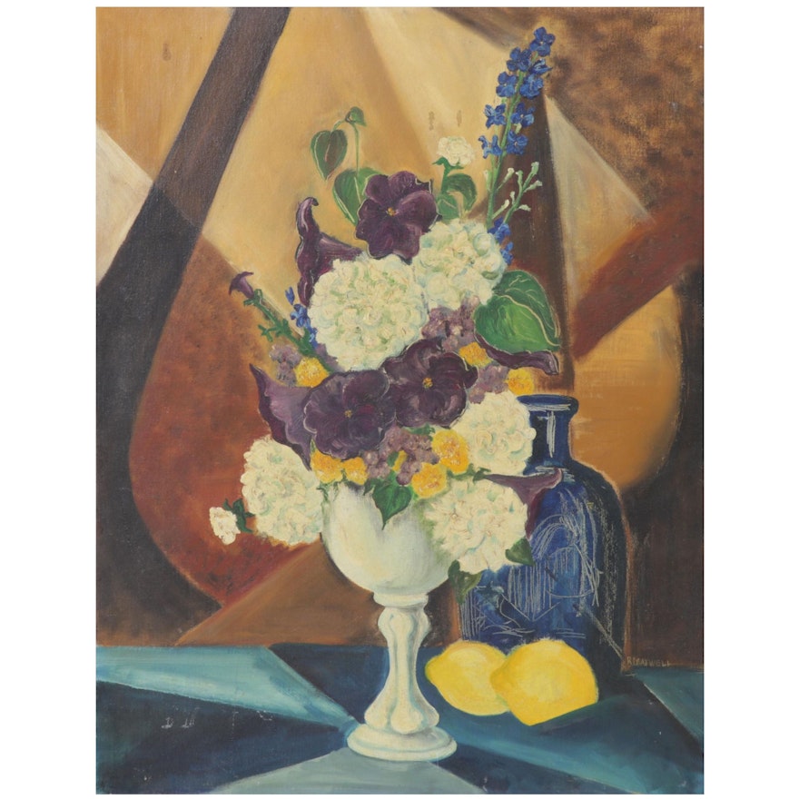 R. Maxwell Still Life Oil Painting of Flowers and Lemons, Circa 1970