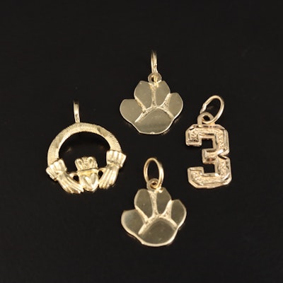 14K Paw Print, "3" and Claddagh Charms
