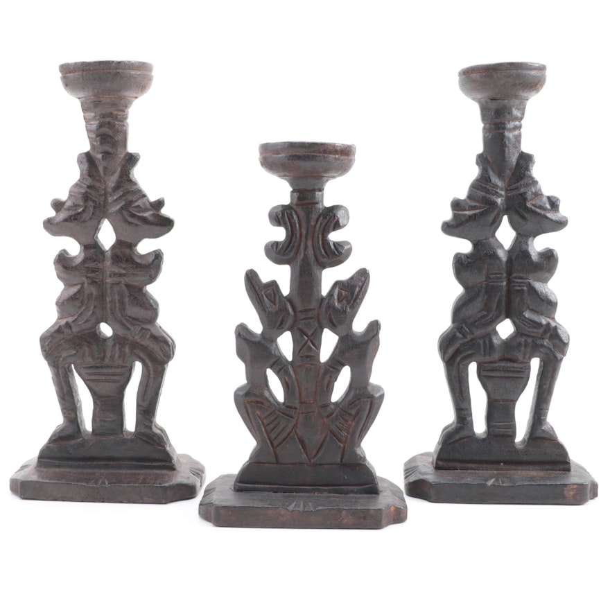Three African Hand-Carved Candle Holders
