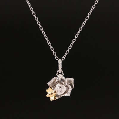 Hallmark Sterling Diamond Flower with Bee Pendant Necklace and 14K Accent