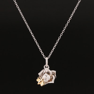Hallmark Sterling Diamond Flower with Bee Pendant Necklace with 14K Accents