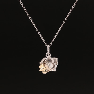 Hallmark Sterling Diamond Flower with Bee Pendant Necklace with 14K Accent