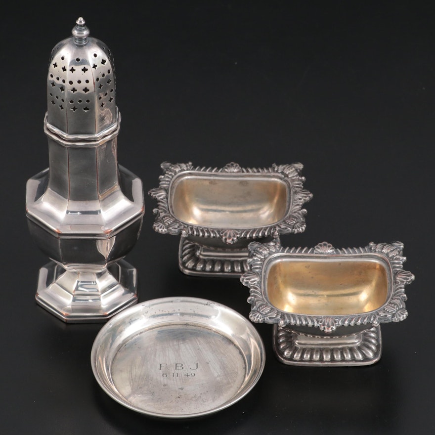 Currier & Roby Sterling Silver Dish with Silver Plate Muffineer and Salt Cellars