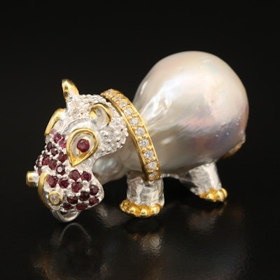 Sterling Cubic Zirconia and Garnet Hippo Pendant