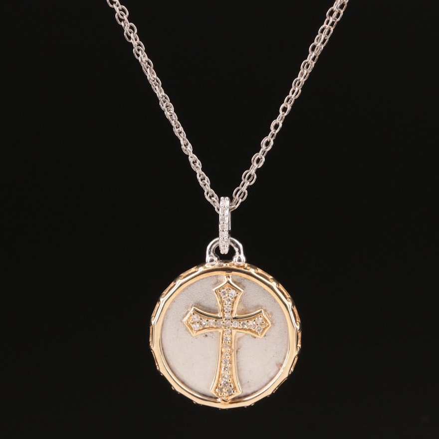 Sterling Diamond Cross Necklace with 14K Accents