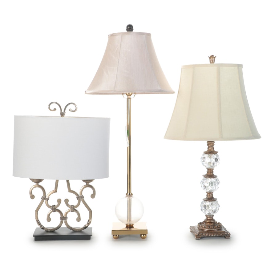 Three Metal, Brass, Plaster and Glass Table Lamps, Contemporary