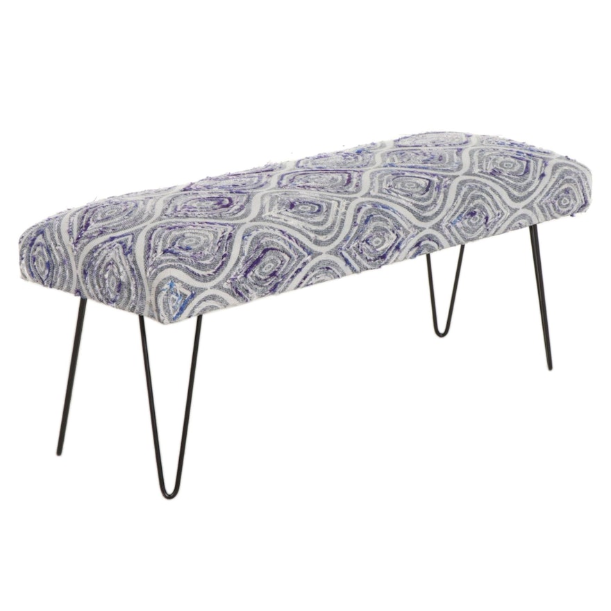Contemporary Embellished Cotton Upholstered Bench with Hairpin Legs
