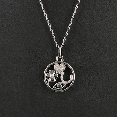 Hallmark Sterling Diamond Heart, Evil Eye, Clover and Horse Shoe Necklace