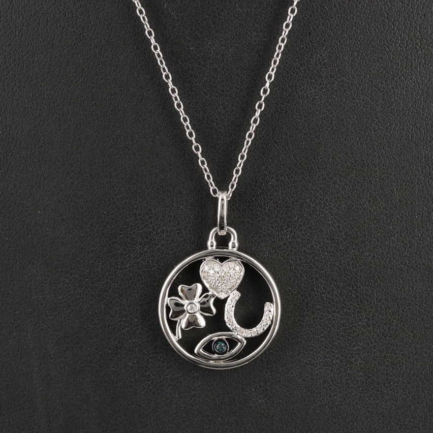 Hallmark Sterling Diamond Heart, Clover, Horseshoe and Evil Eye Pendant Necklace