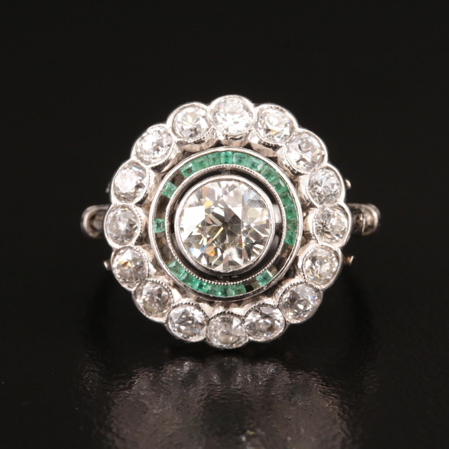 Vintage Platinum 2.08 CTW Diamond and Emerald Ring