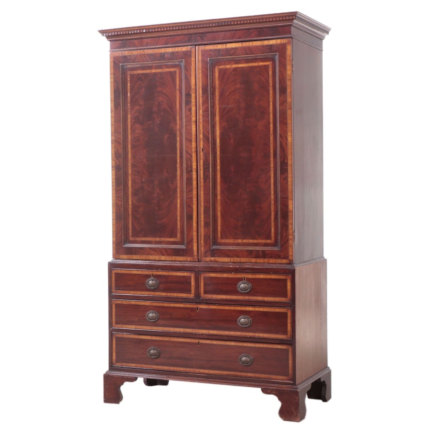Victorian Mahogany and Crossbanded Linen Press, Mid to Late 19th Century