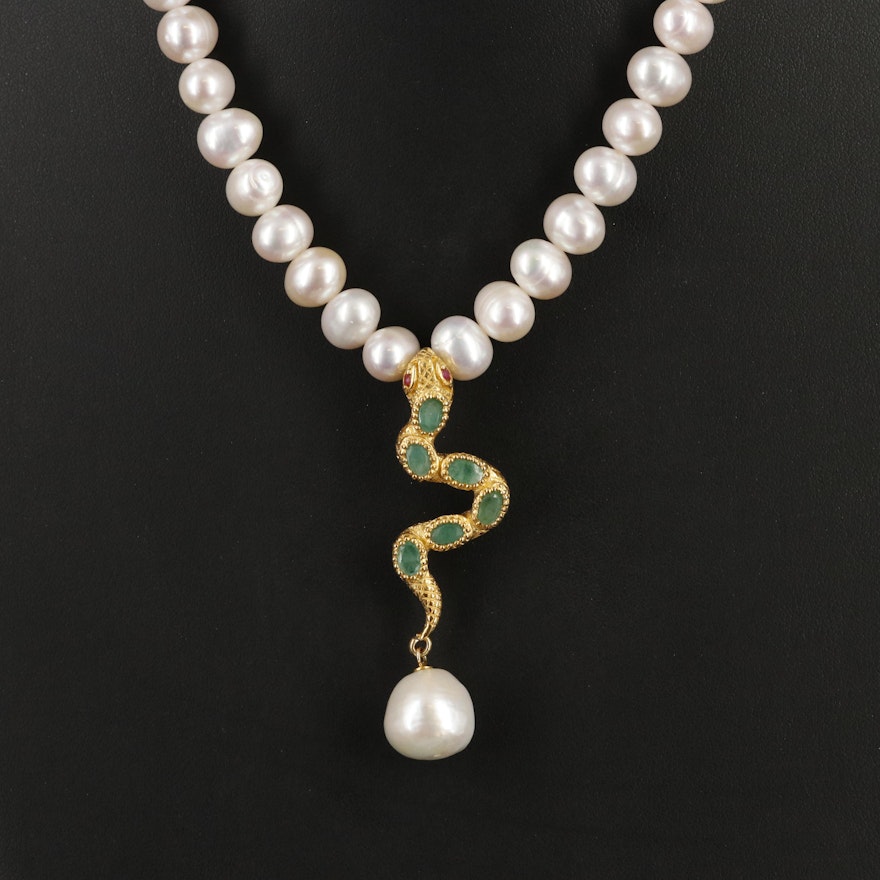 Sterling Pearl, Ruby and Emerald Snake Necklace