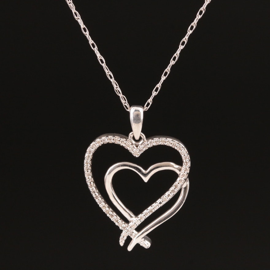 Sterling and Diamond Double Heart Pendant Necklace