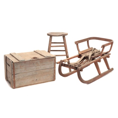 Ammunition Crate With Wooden Stool and Winter Sleigh