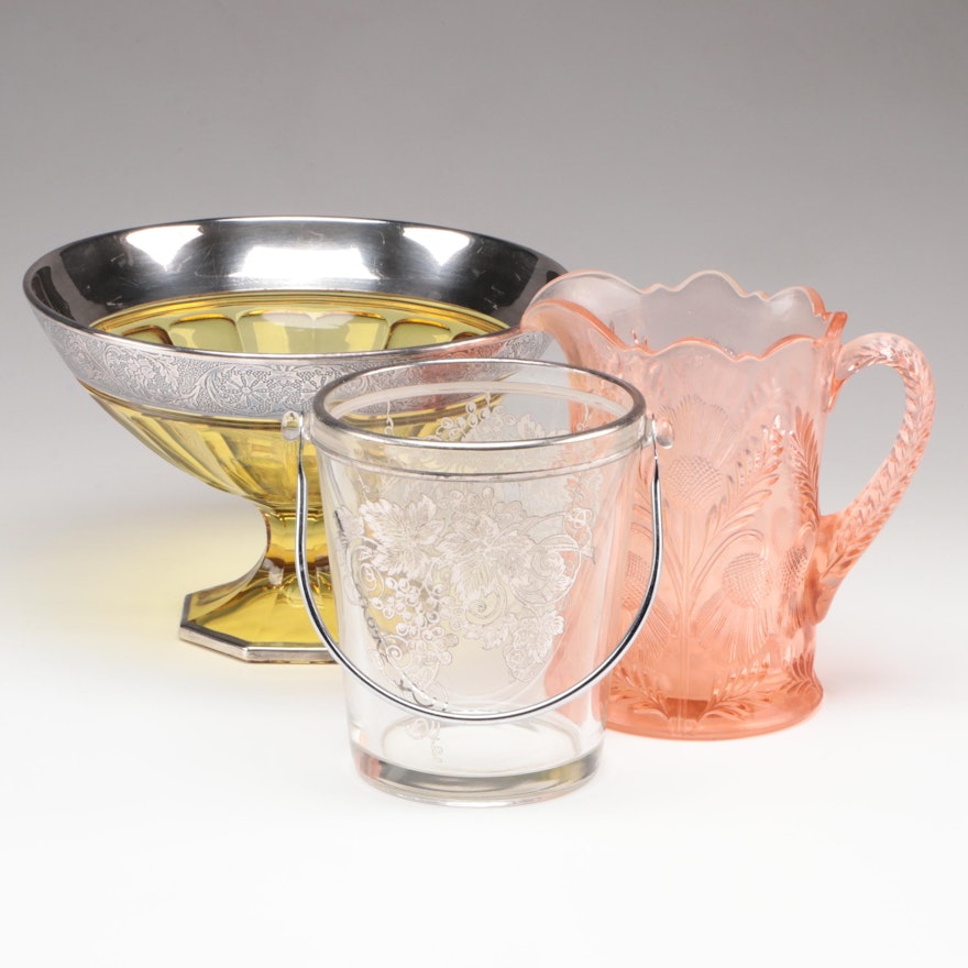 Mosser "Thistle" Pitcher with Other Art Deco Silver Accented Tableware