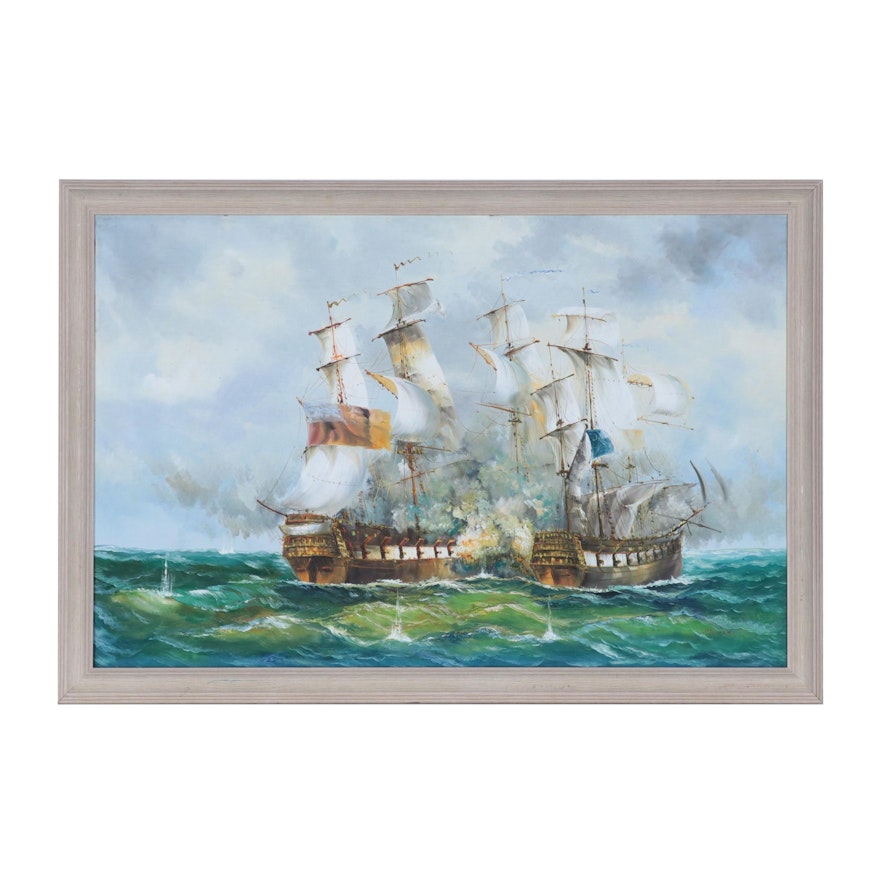 Maritime Oil Painting of Battle on the Sea