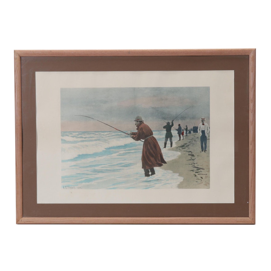 Surf Fishing Hand-Colored Halftone After Arthur B. Frost, Early 20th Century