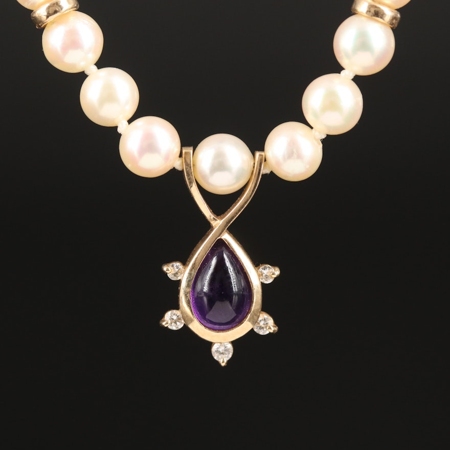 14K Pearl Necklace with Amethyst and Diamond Pendant
