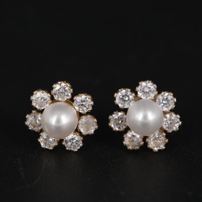 14K Pearl and Cubic Zirconia Halo Stud Earrings