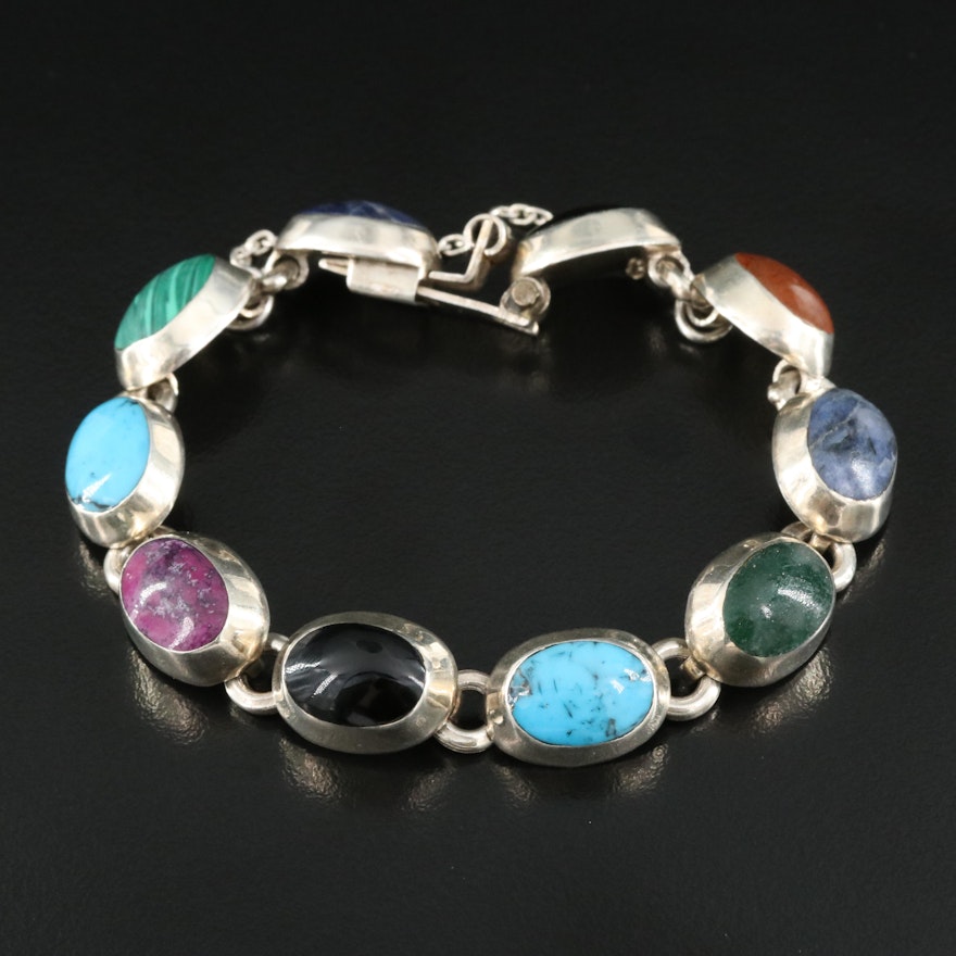 Mexican Sterling Bracelet Including Turquoise, Black Onyx and Sodalite