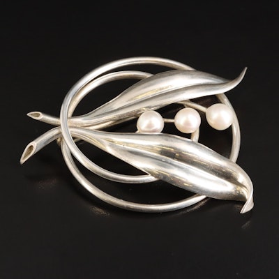Mikimoto 950 Silver Pearl Foliate Brooch