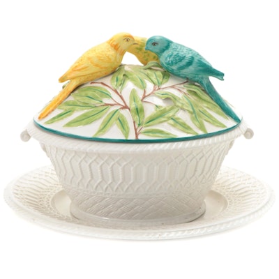 Italian Majolica Basket Weave Tureen with Lid and Underplate
