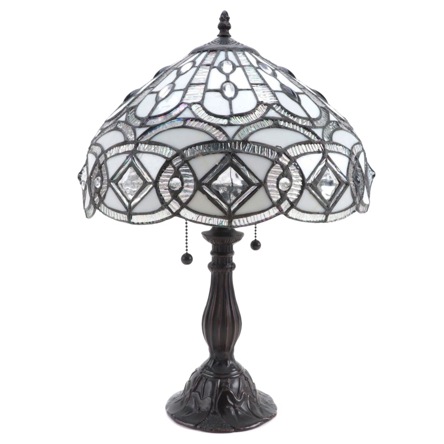 Jeweled Iridescent and Slag Glass Table Lamp with Bronzed Metal Base
