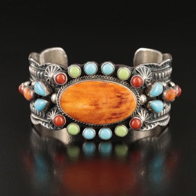 Delbert Gordon Navajo Diné Sterling Spiny Oyster, Turquoise and Coral Cuff