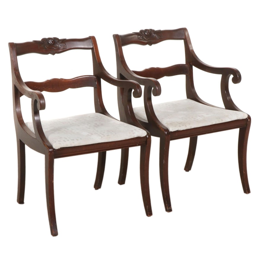 Pair of Classical Style Rose-Carved Dining Armchairs, 1940s
