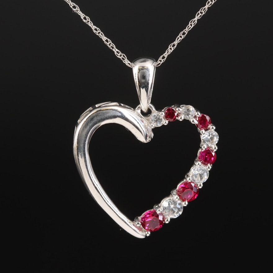 10K Ruby and Sapphire Heart Pendant Necklace
