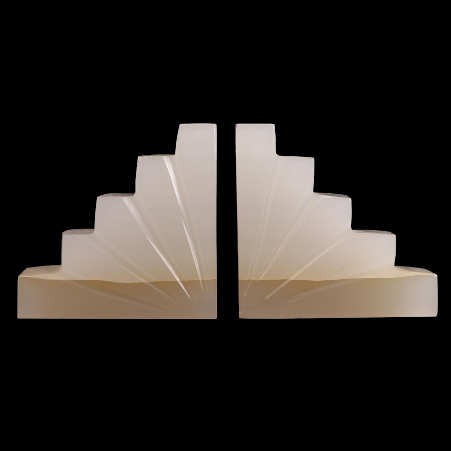 Art Deco Style Carved Calcite Bookends, Mid-20th Century