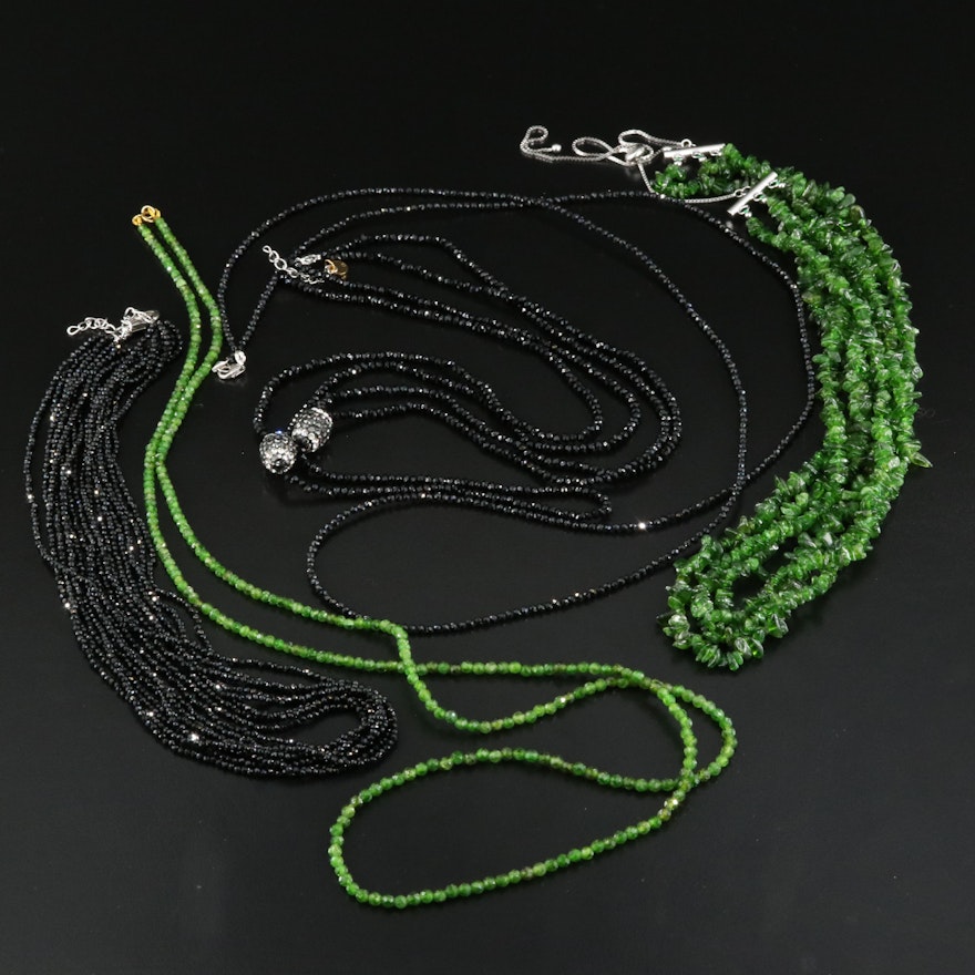 Diopside, Sterling, Black Spinel and 14K Featured in Necklace Collection