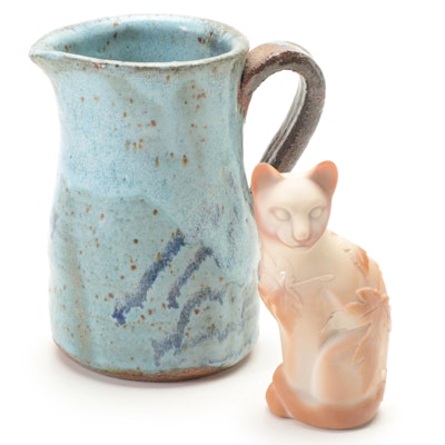 Kelsey Murphy for Fenton Sandblasted Glass Cat Figurine with Stoneware Pitcher
