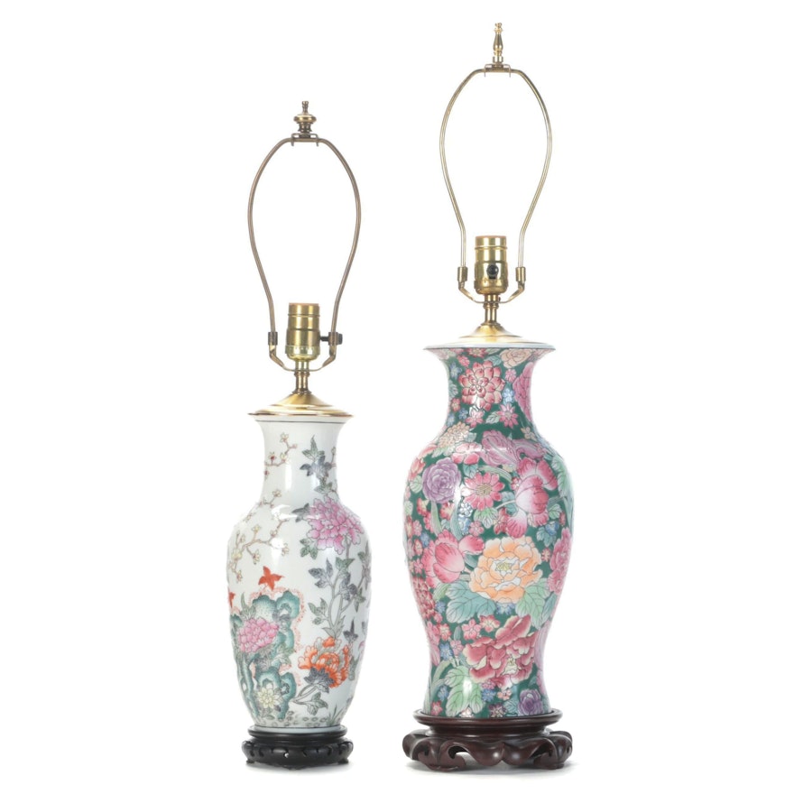 Two Chinese Hand-Painted Porcelain Vase Table Lamps