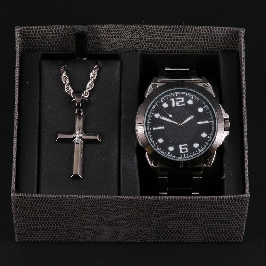 Quartz Wristwatch and Cross Pendant Necklace Set