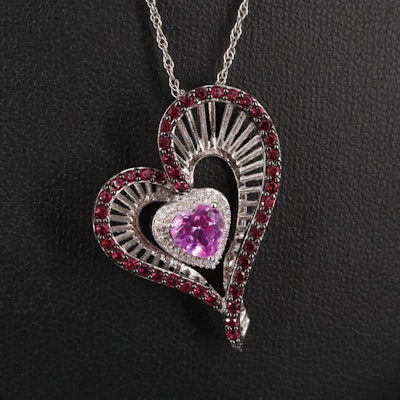 Sterling Heart Pendant Necklace Featuring Sapphire, Diamond, and Ruby