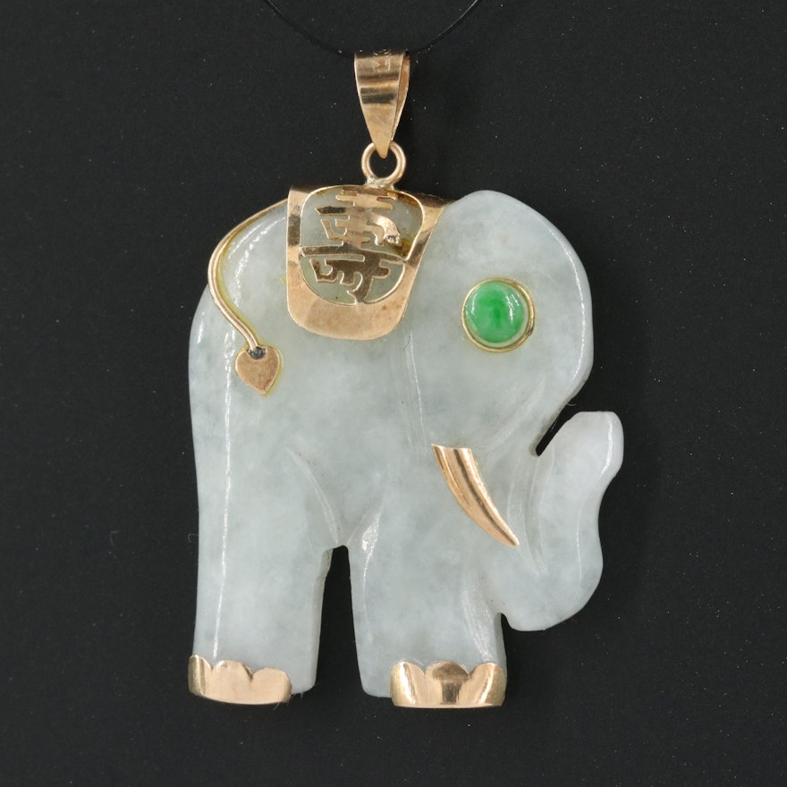 Carved Jadeite Elephant Pendant with 14K Longevity Symbol, Accents and Bail