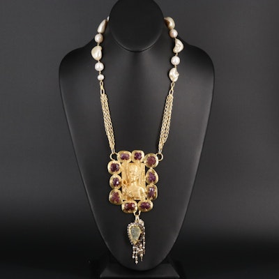 Egyptian Opera Necklace Featuring Pearl, Ruby, and Fluorite