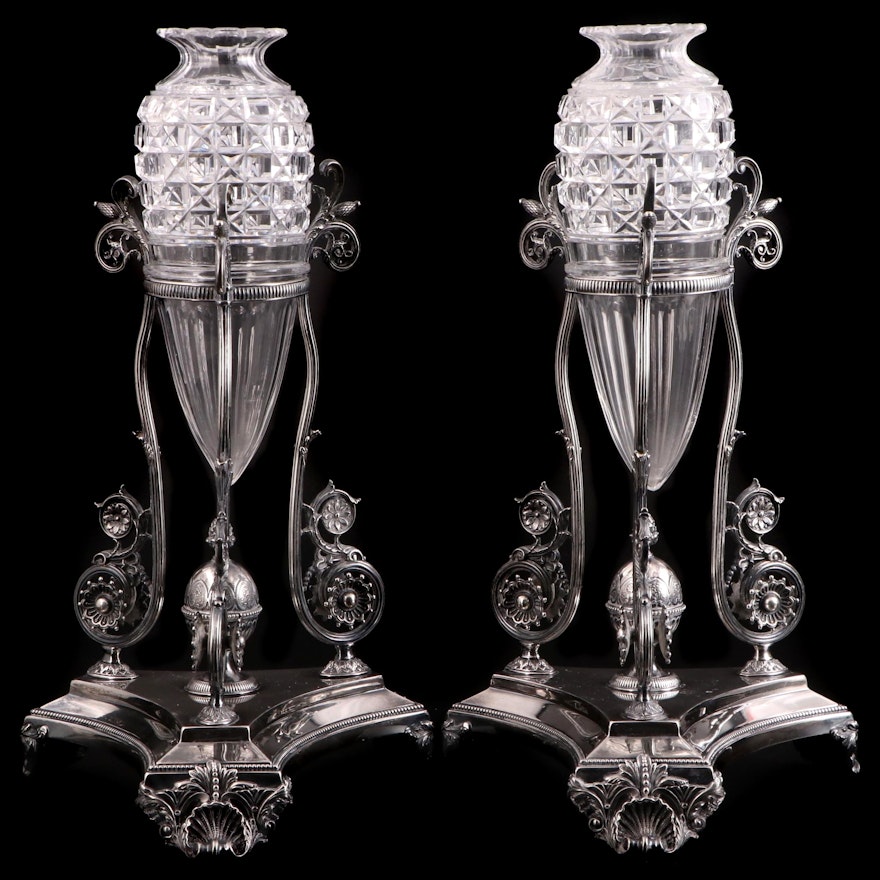 Pair of English Aesthetic Movement Sterling Silver and Cut Glass Vases, 1884