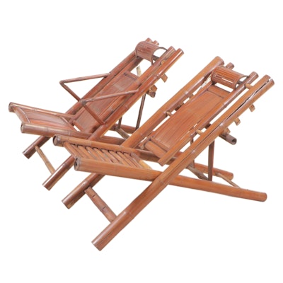 Pair of Chinese Bamboo Folding Steamer Deck Lounge Chairs