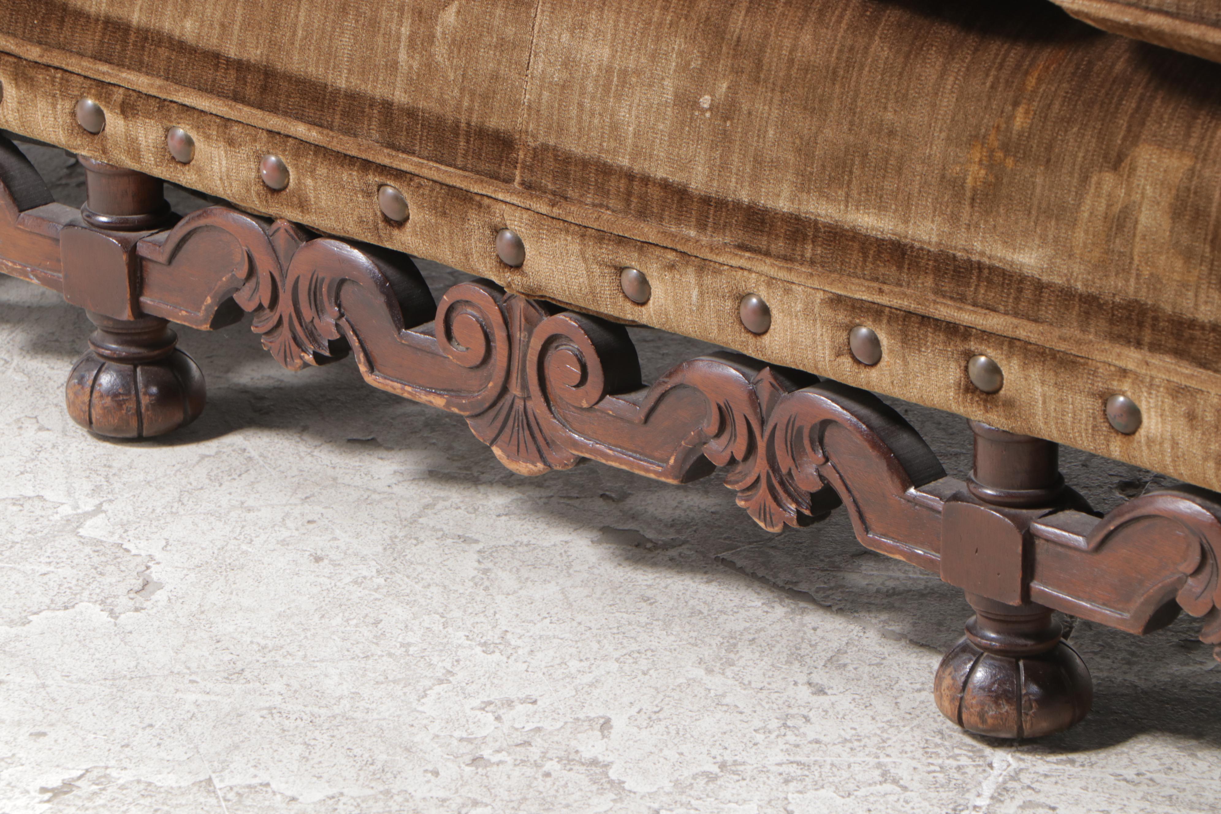 Jacobean Style Carved Walnut and CustomUpholstered Sofa with Brass