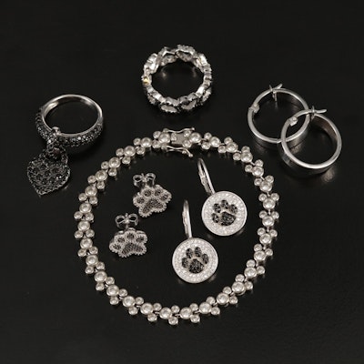 Sterling Grouping Including Disney Mickey Mouse Bracelet and Paw Earrings