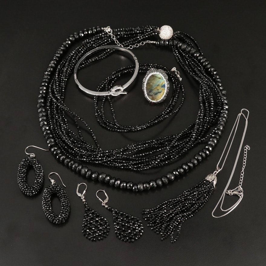 Sterling Labradorite and Spinel Jewelry Grouping Including a Sautoir Necklace