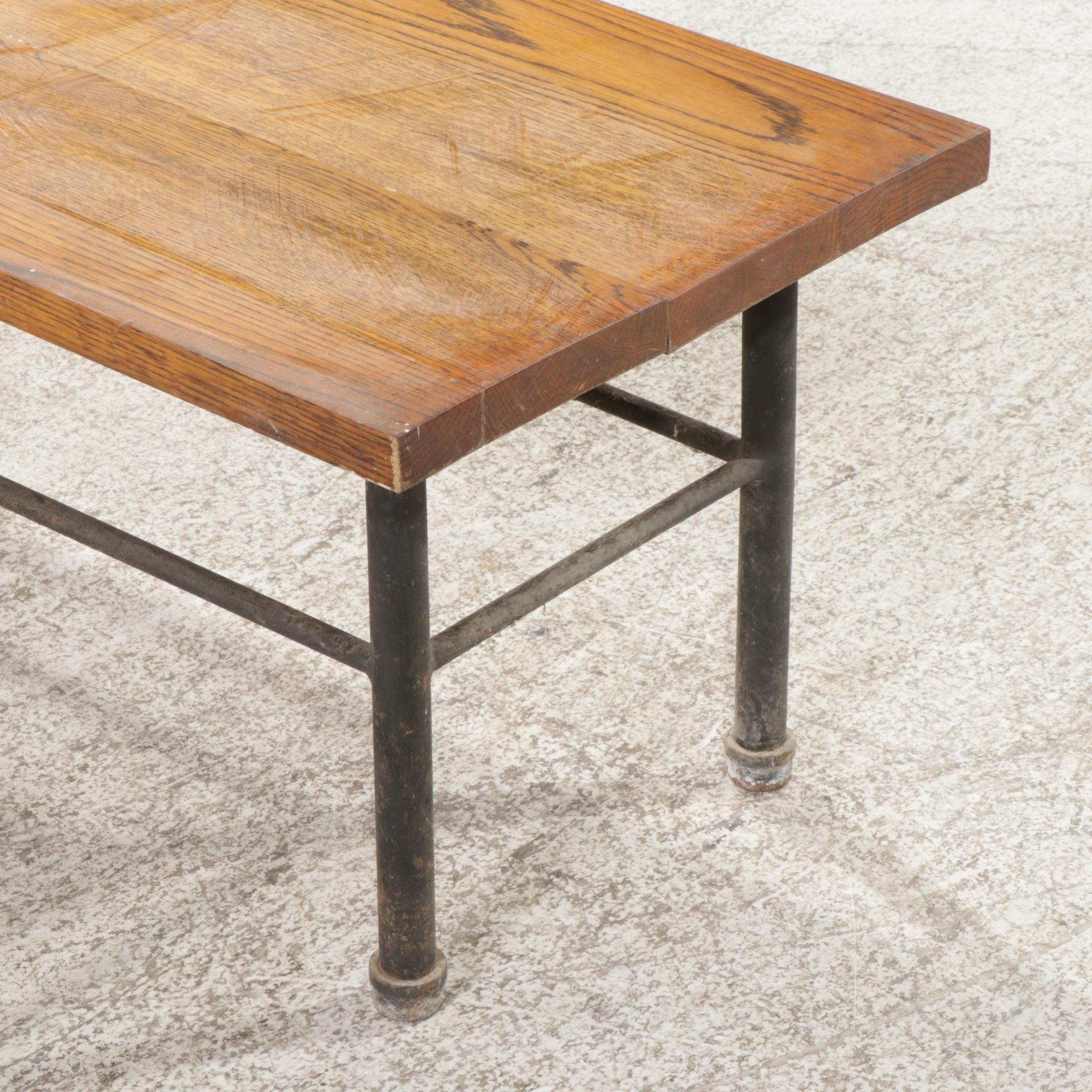 Industrial Style Oak and Iron Bench Coffee Table with Glass Panel EBTH