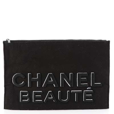 Chanel Beauté Promotional Zip Pouch in Embroidered Black Canvas with Box