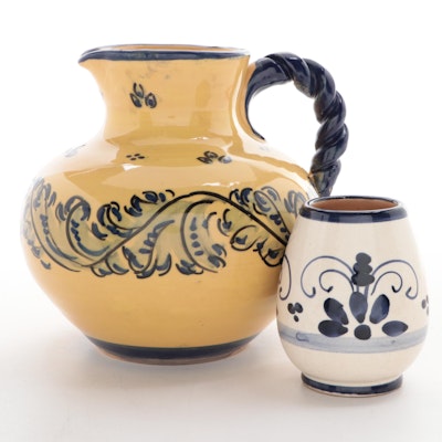 Italian Hand-Painted Ceramic Pitcher and Cup